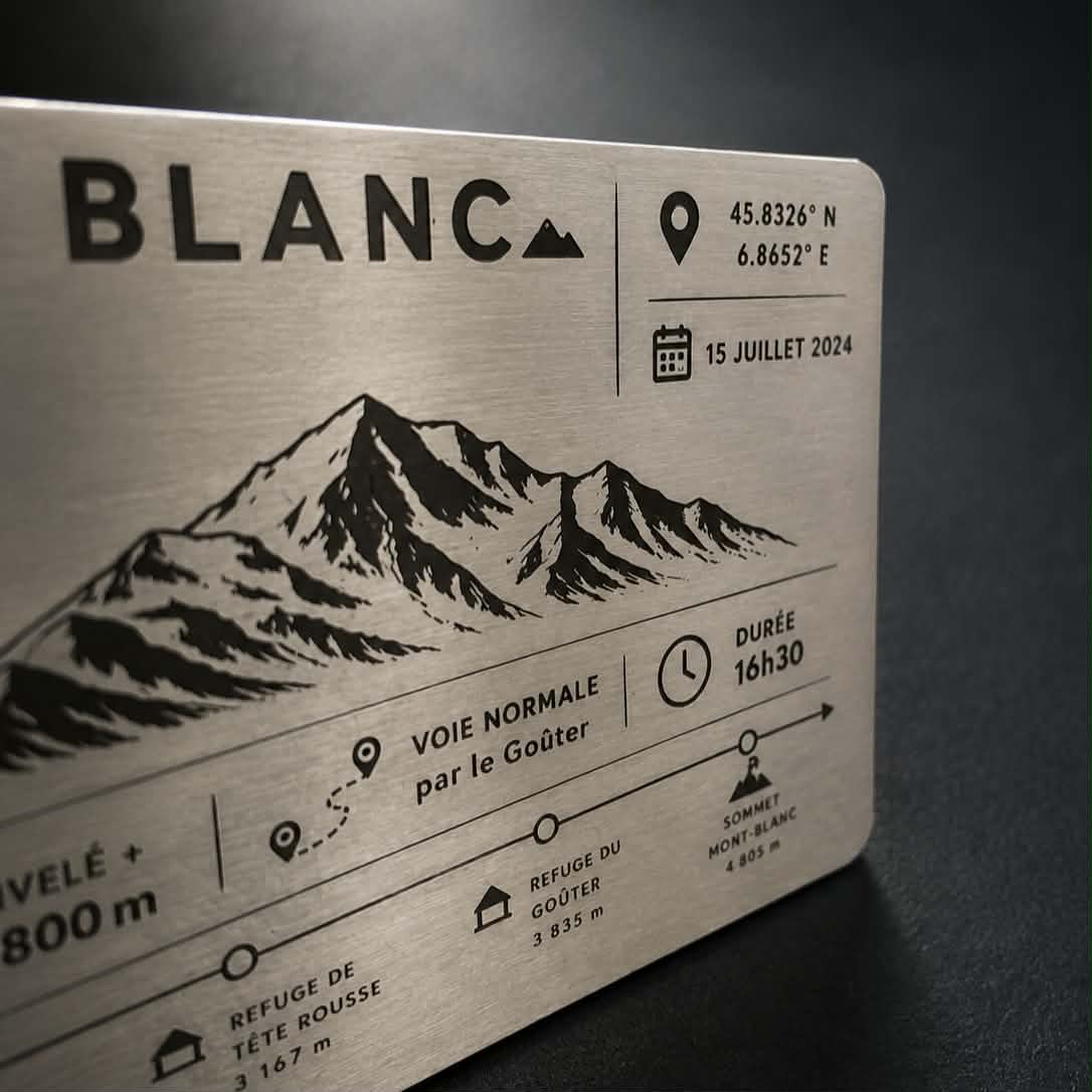 Détail de la gravure sur une plaque Mont-Blanc en inox brossé