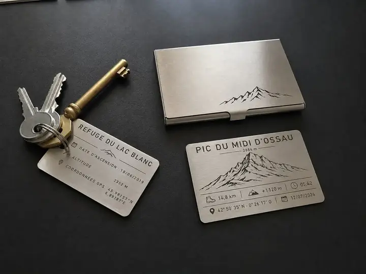 Ensemble de plaques, porte-clés et étui métallique